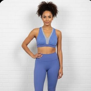 Aerie Blue Mesh Polyester V-Neck Sports Bra With Wide Straps And A Cross Back